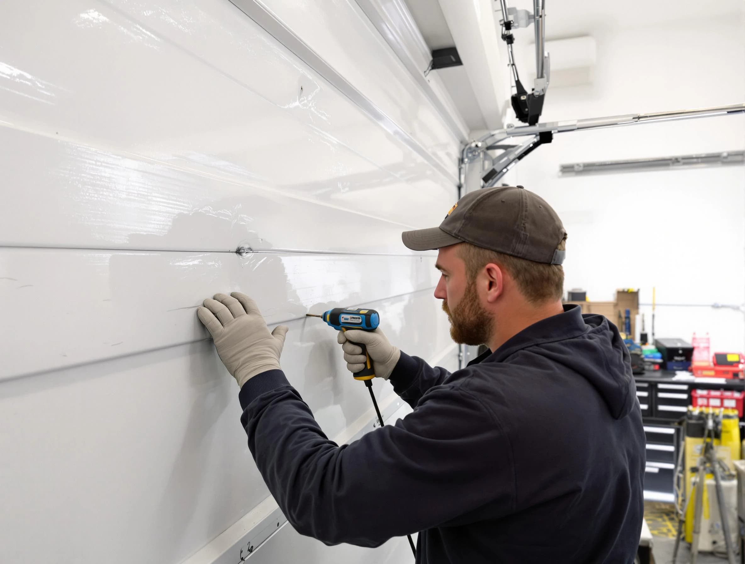 Springfield Garage Door Repair technician demonstrating precision dent removal techniques on a Springfield garage door